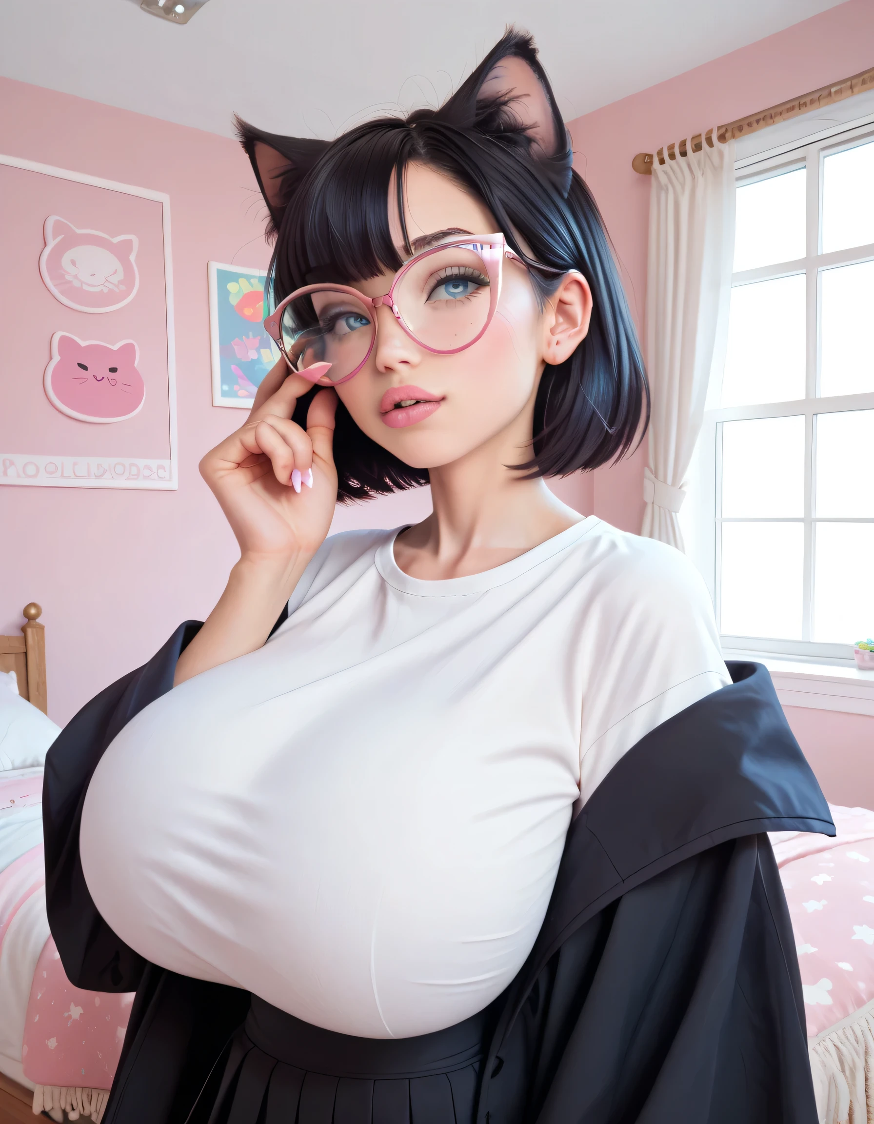 Hd, high quality, black hair, (high quality faces), adorable girl, (((black oversized cat-eye glasses))), (((huge breasts))), pink and white bodysuit, expressive blue eyes, bedroom