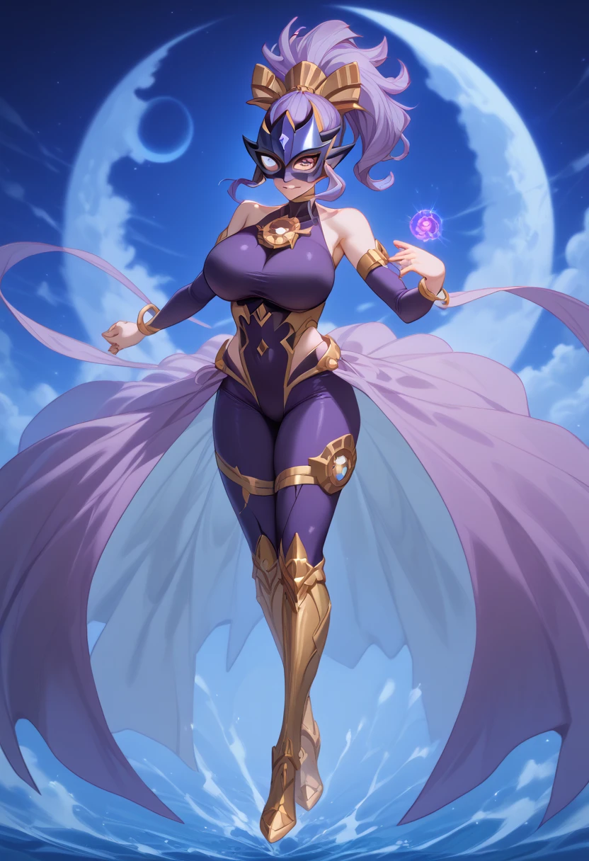 （Light purple hair）、（ ponytail）、（ Japanese Animation）、Yu-Gi-Oh!、（（ Bodysuit ））、Venetian mask、 High Quality 、 full body view、（（（Big Breasts）））, （（ perfect finger））、（（perfect hand））、Moonlit Night