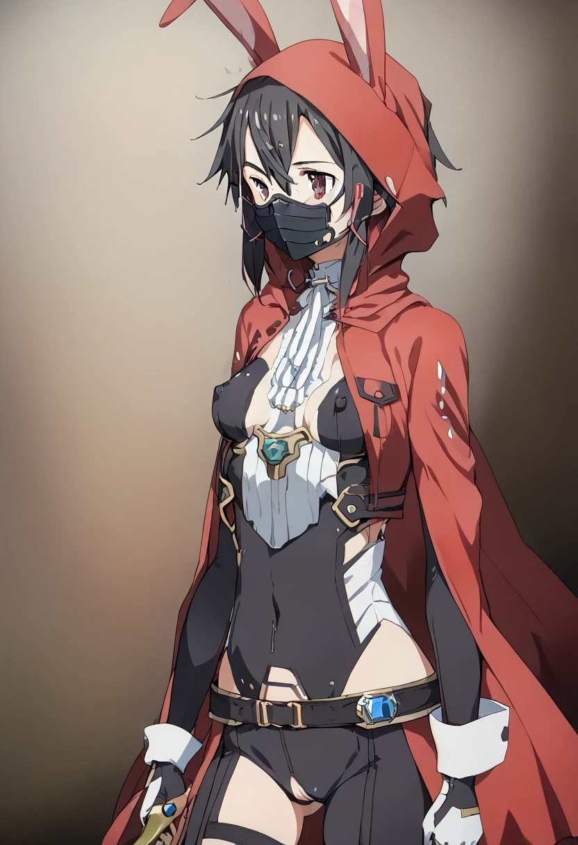 pt，1Girl，assassin，RedRabbit， Little Red Riding Hood，（shiny reverse bunny sinon bodysuit）， Anime Style ， pussy，Nipples，stomach， Standing ,Assassin, small breasts, slender body,very long see-through red cloak,see-through hood ,Thigh tightening belt,A belt that accentuates the bust line,Red Rabbit，Redhood with rabbit ears， black hair， Sinon's Bodysuit ，（ black mask ），（mechanical　black mask），Shadow of a girl on the back ，dagger，太腿のベルトに装備された沢山のdagger