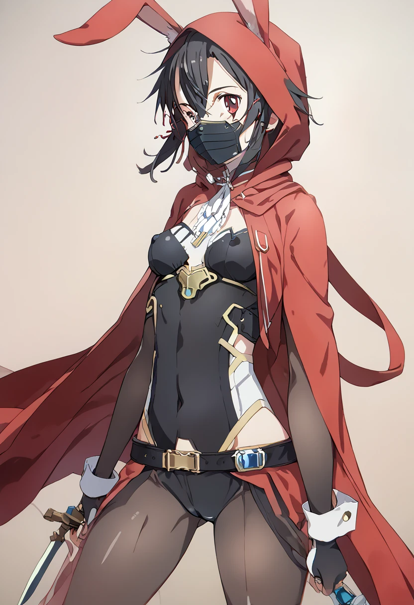 pt，1Girl，assassin，RedRabbit， Little Red Riding Hood，（shiny reverse bunny sinon bodysuit）， Anime Style ， pussy，Nipples，stomach， Standing ,Assassin, small breasts, slender body,very long see-through red cloak,see-through hood ,Thigh tightening belt,A belt that accentuates the bust line,Red Rabbit，Redhood with rabbit ears， black hair， Sinon's Bodysuit ，（ black mask ），（mechanical　black mask），Shadow of a girl on the back ，dagger，太腿のベルトに装備された沢山のdagger