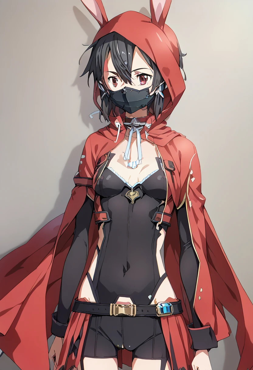 pt，1Girl，assassin，RedRabbit， Little Red Riding Hood，（shiny reverse bunny sinon bodysuit）， Anime Style ， pussy，Nipples，stomach， Standing ,Assassin, small breasts, slender body,very long see-through red cloak,see-through hood ,Thigh tightening belt,A belt that accentuates the bust line,Red Rabbit，Redhood with rabbit ears， black hair， Sinon's Bodysuit ，（ black mask ），（mechanical　black mask），Shadow of a girl on the back ，dagger，太腿のベルトに装備された沢山のdagger