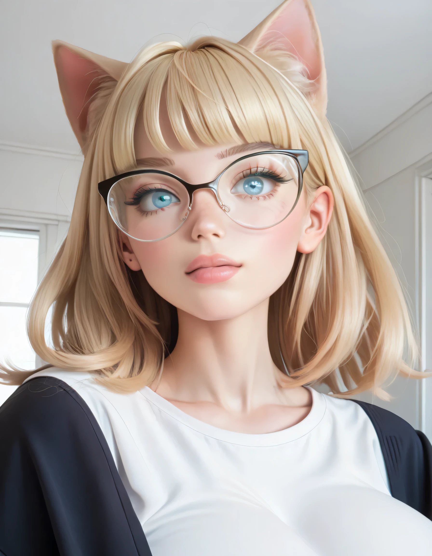 Hd, high quality, blonde bangs, (high quality faces), adorable teenage schoolgirl, slim, (((black oversized cat-eye glasses))), (((huge breasts))), pink and white bodysuit, expressive blue eyes, bedroom