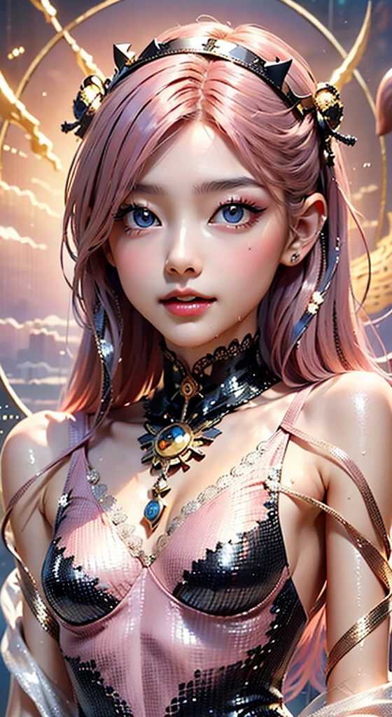 Masterpiece, top quality, pink hair, blue lightning, realistic, realistic details, high detail. Blue clothes. Blue Thunder. Blue crystal. Black suspended particles. Black smoke. Black crystals around. Black smoke wafts around. Warping the body. Warping the body. Horn. Darkness. Ochi Yami Yugi. Laugh. Very short. Boyish. Short hair. Short hair.
1 girl, beauty, , fine skin, anicos_No one,, navel, detached sleeves, bare shoulders, center opening, cleavage between breasts, middle breast, long feather hair clip, blue hair ornament, thigh height,watch viewer,isekai, ochi yami play. Temptation. Brainkill. Tattoo. Demon Tail. Gold pattern at chest. Luminescent tattoo. Luminescent tattoo. Devil's wings. Black and gold tiara. Tiara. Complex and luxurious tiara. Smile. Luminescent blades.