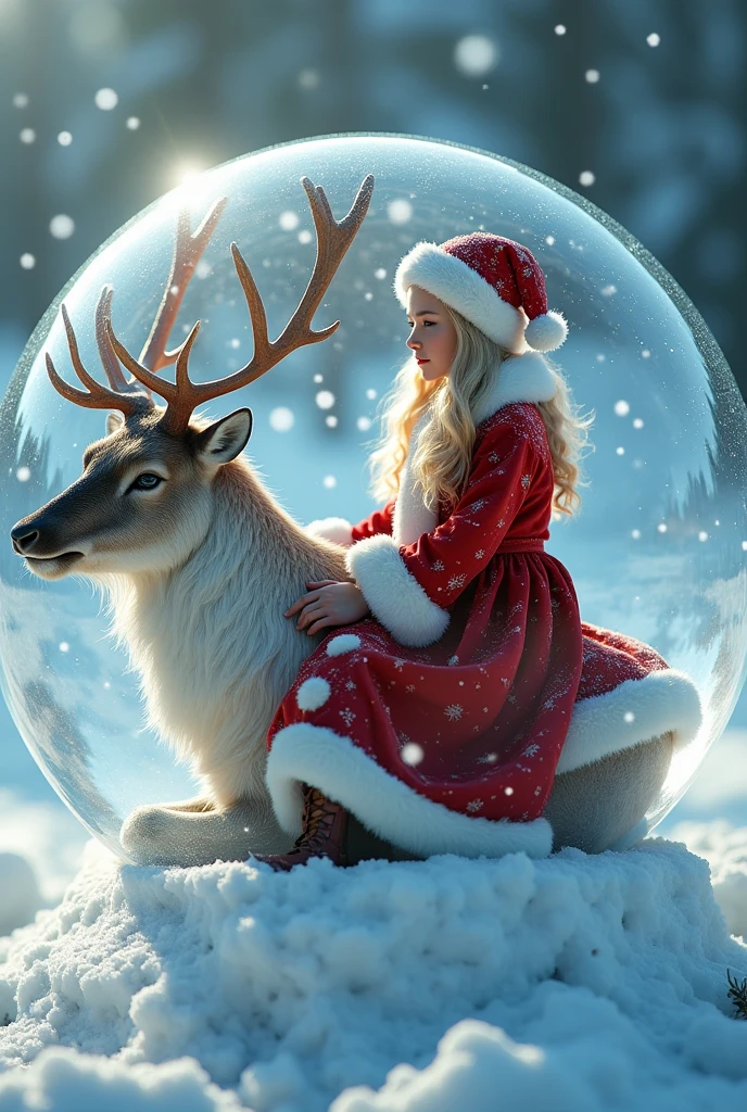 photorealistic of a(frozen Santa girl with a sitting rain deer)inside a crystal ball, UHD, best quality wallpaper, 8k, dramatic light, intricate detailed