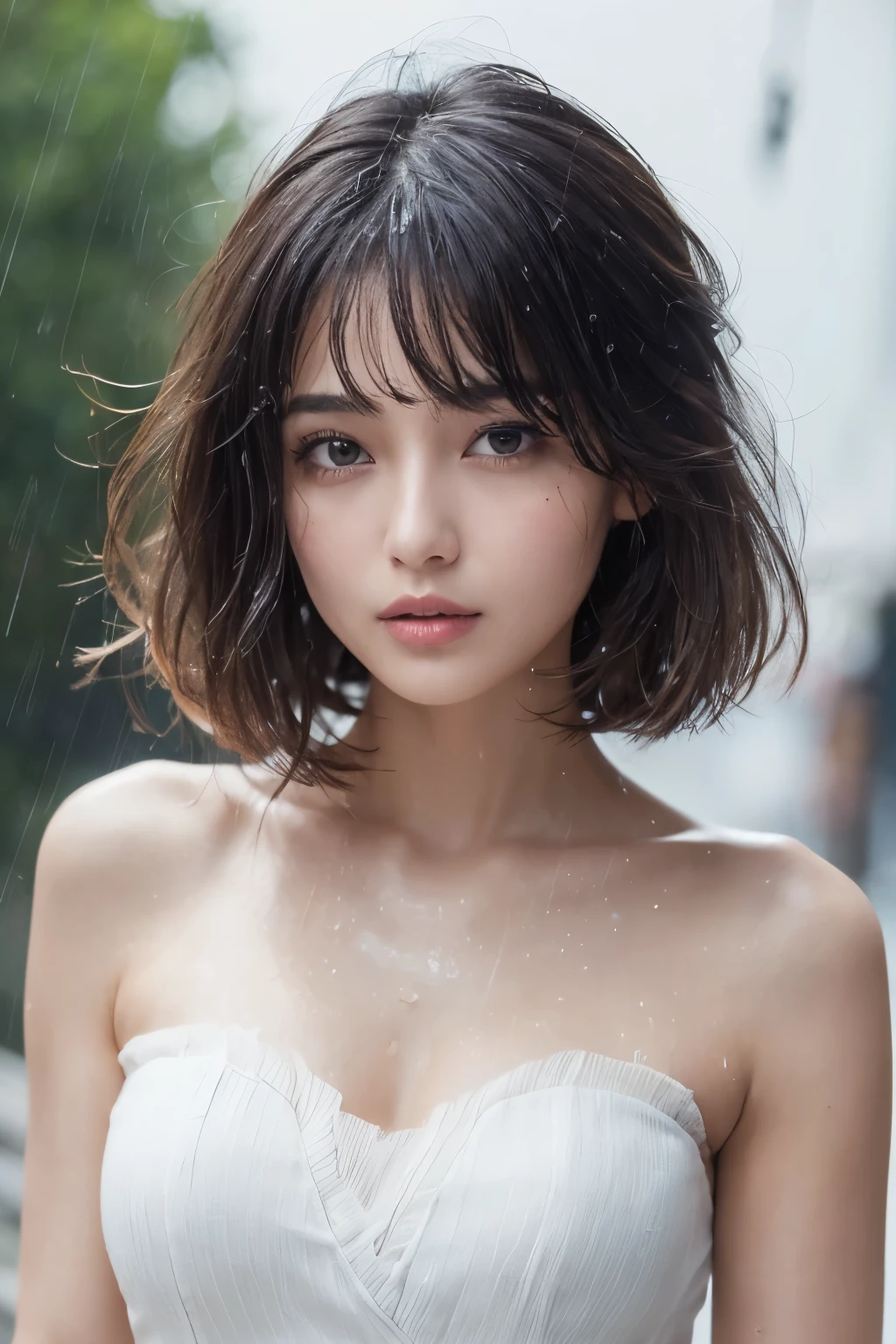 random pose, mix4,(8k, RAW photo, best quality, masterpiece:1.2), (realistic, photo-realistic:1.37),1girl,cute,cityscape, night, rain, wet, professional lighting, photon mapping, radiosity, physically Based on rendering, gradient black hair, white hair, short curly hair, handsome, girl, white ball suit, superb quality, high resolution, 1080p, (clear face), (detailed facial description), (detailed hand description ),(masterpiece),(exquisite CG),extreme light and shadow,messy hair,masterwork,rich details,(exquisite facial features),(highest quality),(masterpiece),(delicate eyes),looking forward to your eyes,exquisite clavicle