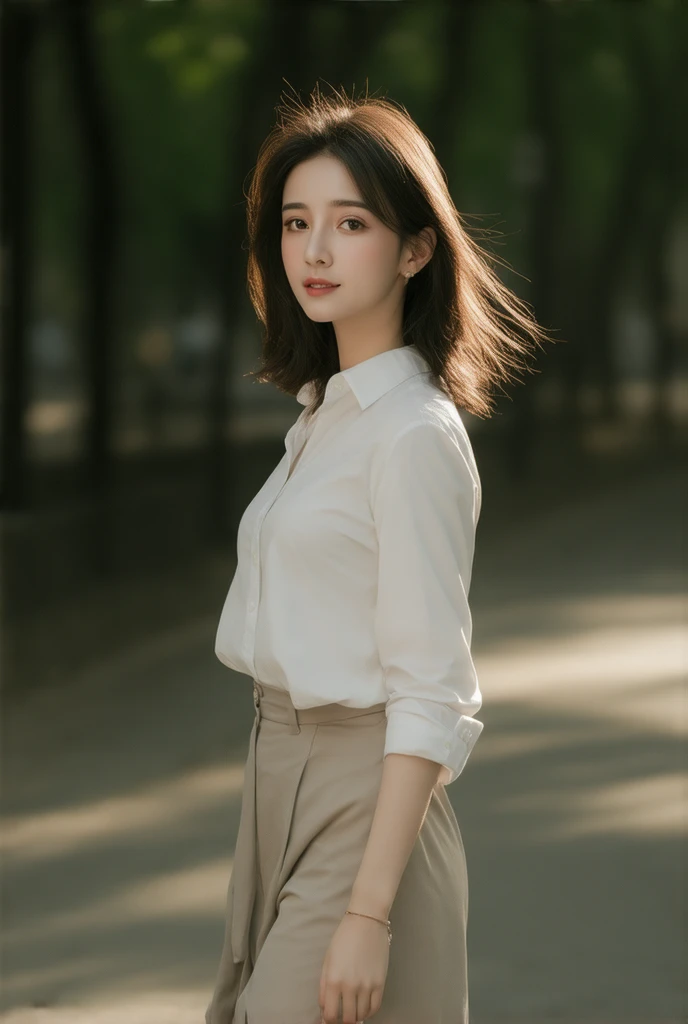 girl,solo, perfect face,wearing a hot, possessing natural elegance, walking along a city park