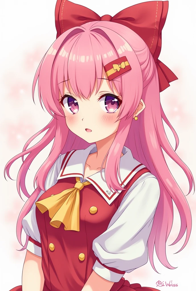 A pink-haired、 Anime Girl Wearing a Bow , kawaii realistic portrait, Gu Weiss, portrait of the magical girl, cute character, lovely art style, anime moe art style,  Maple Story Character Art , cute portrait, cute anime girl portraits, Little Figure Portrait , artwork in the style of Gu Weiss, splash ink art anime loli