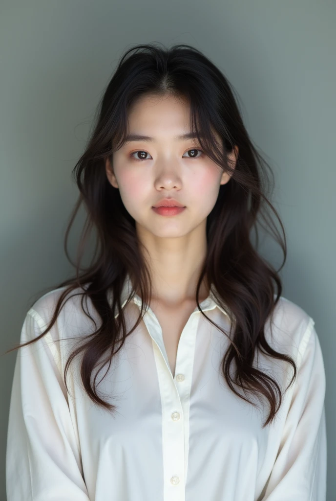 An Asian woman with long hair,In a white blouse shirt, Photo of Torii Kiyomoto , shutterstock, shin-hanga, beautiful Japanese girl face, 奈良美智, Portrait of a Japanese teenager , young lovely Korean faces, chiho, shikamimi , Young, cute, pale Asian face