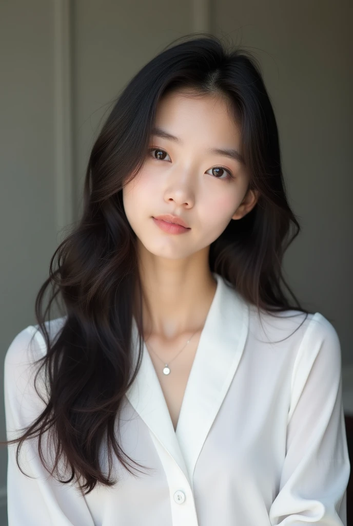 An Asian woman with long hair,In a white blouse shirt, Photo of Torii Kiyomoto , shutterstock, shin-hanga, beautiful Japanese girl face, 奈良美智, Portrait of a Japanese teenager , young lovely Korean faces, chiho, shikamimi , Young, cute, pale Asian face