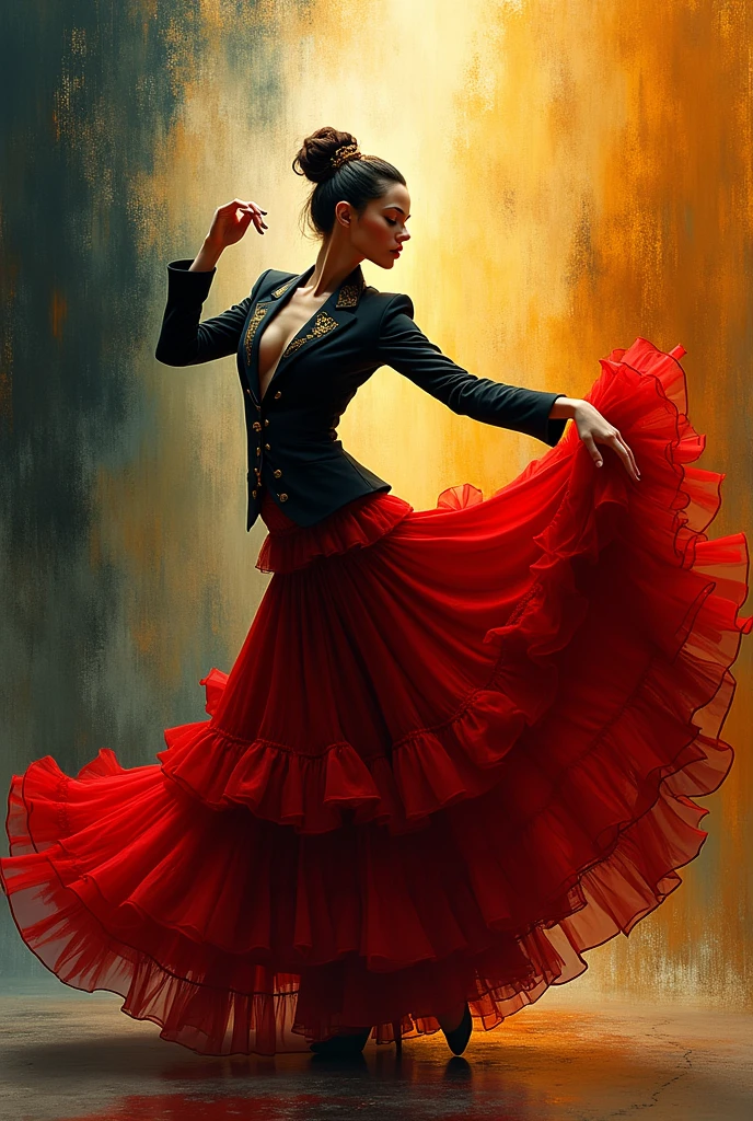 (photorealism:1.2), beautiful woman, beautiful flamenco dancer, black hair tied in a bun with a white rose fancy dress, arms raised in dance pose, Shocking image, bright colors, dramatic lighting, red and black dress