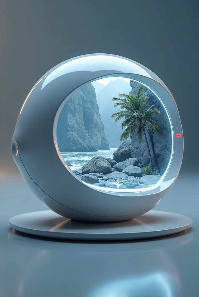 A cinematic shot of a medium-sized pretty, shapely girl sitting in an armchair. She has short, dark hair, a large bust, and a skimpy swimsuit. Behind her, a large eye looks out of a large, panoramic window. The eye has a pupil and is surrounded by a beige iris. The background reveals a peaceful landscape with mountains, trees, and a body of water.