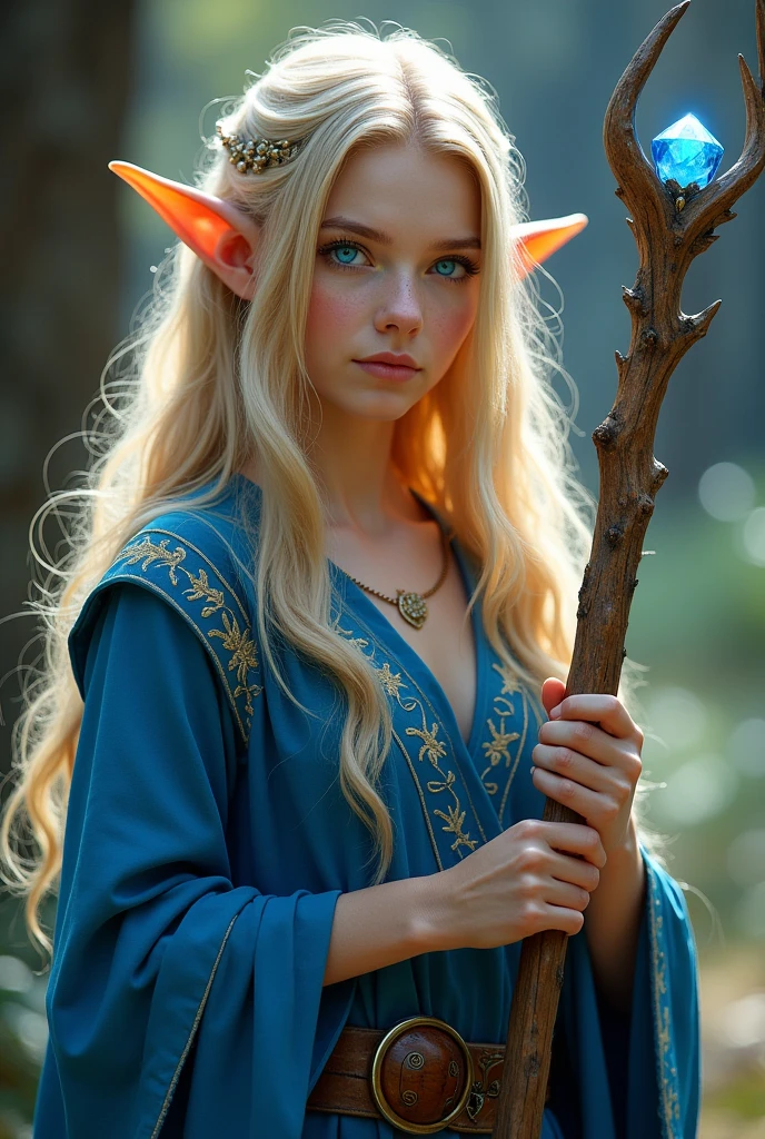 An 18 year old elf girl. The elf girl wears a dirty white robe and a thick iron collar.. The elf girl is blonde, Lovely. The elf girl has medium to large breasts. The elf girl is looking at the camera. The elf girl is in the middle of the forest at noon.