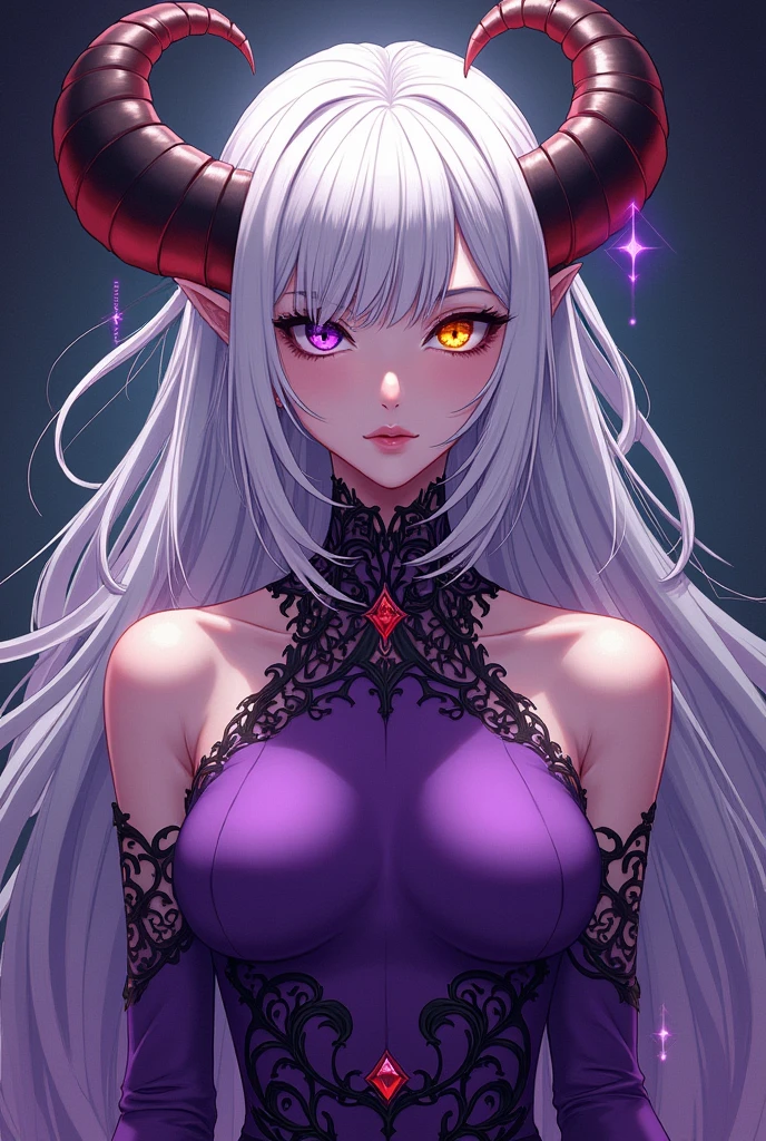 Anime demon girl, large breasts, topless, bottomless, cherry blossoms floating in the air, colorful illustration, ultra-detailed, realistic, vivid colors, portraits, soft pastel tones, ethereal lighting, 8k, top quality, glowing shiny eyes, silver hair, black horns, devil horns, dark purple eyes