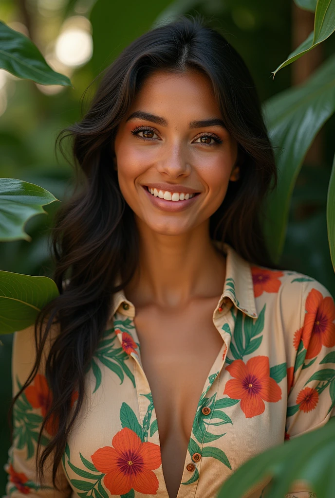 A Brazilian woman in a lush tropical garden, wearing an open shirt with a floral print, with a close-up capturing the harmonious beauty between her breasts and the natural flowers, showing off your natural charm and outgoing personality.