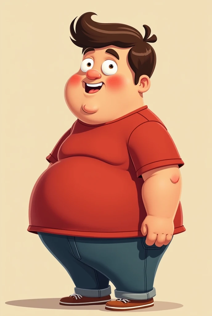 A red-haired male, with a mischievous face, with brown eyes, with a point on the side of his mouth, front teeth more bigger in a beige sweatshirt, short and tight shorts, BIG fat ass, WIDE hips, THICK thighs, chubby body, cute, short. (WITHOUT BOOBS)