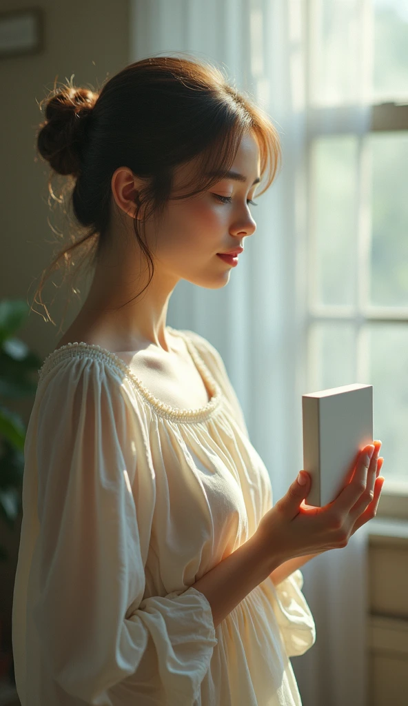 A Japanese girl in her 20s is crying while looking at a photo album in a dimly lit room with the light of the setting sun shining through the window