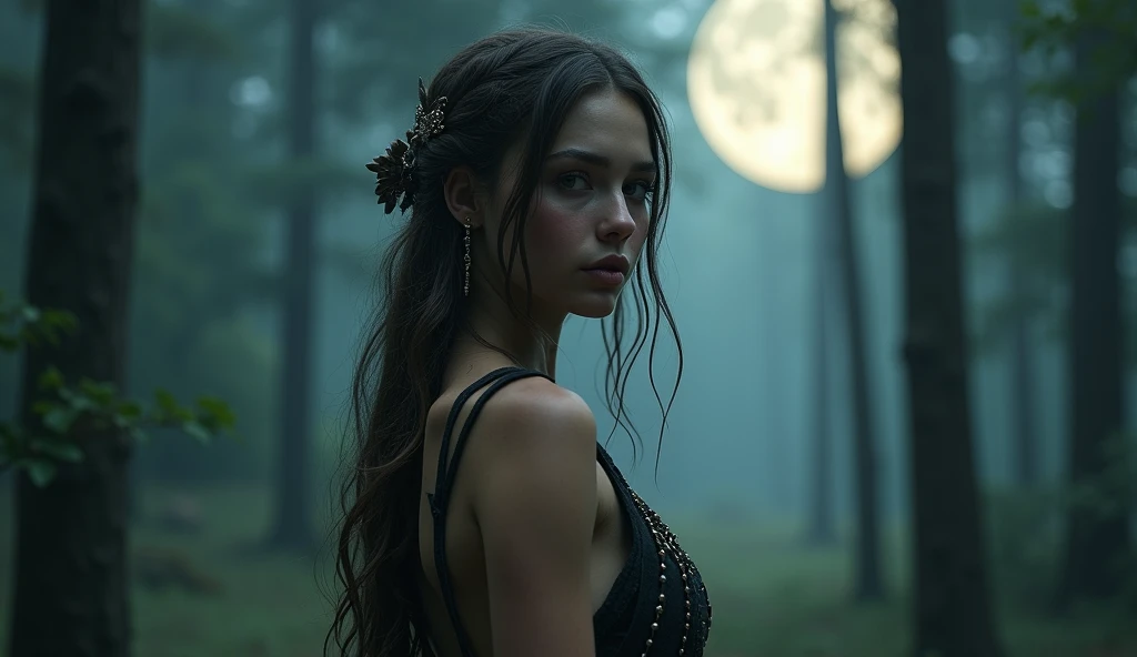 Tecido leve tule, Crown of an elven queen, orelhas pontudas, rosto de aspecto meio e inocente, olhar inocente, elfa extremamente apaixonante meia e sedutora. A cute sexy elf and hunter, Long loose dress flying like a black evening veil, andando em uma floresta a noite escura e sombria com um nevoeiro ao fundo. fotografia de corpo inteiro, pernas grossas, cabelo longe e cacheados , olhos  claros, Dressed in black thorns and viscose like petroleum, large breasts covered in a viscous black liquid)))(((A perfect and definitive idol that captivates everyone, olhos brilhantes super detalhados sem defeitos, lugar sombrio e misterioso, Dramatic and sinister nighttime ambient lighting giving an air of suspense and horror movie, Olhar ganancioso convidando um homem、cabelos intrincados、９Perfect head and body figure、Linha de Corpo Perfeita、 Figura fina、Enfatizar a clivagem、Tiroteio RAW、photorealistic cinematic render、hyperrealistic rendering、foto retrato、night time render、Fotos gerais coesas、texturas de pele realistas、alta qualidade、alto detalhado、mais alta qualidade、alta resolubilidade、HDR 8K、Rastreamento de raio、canon.