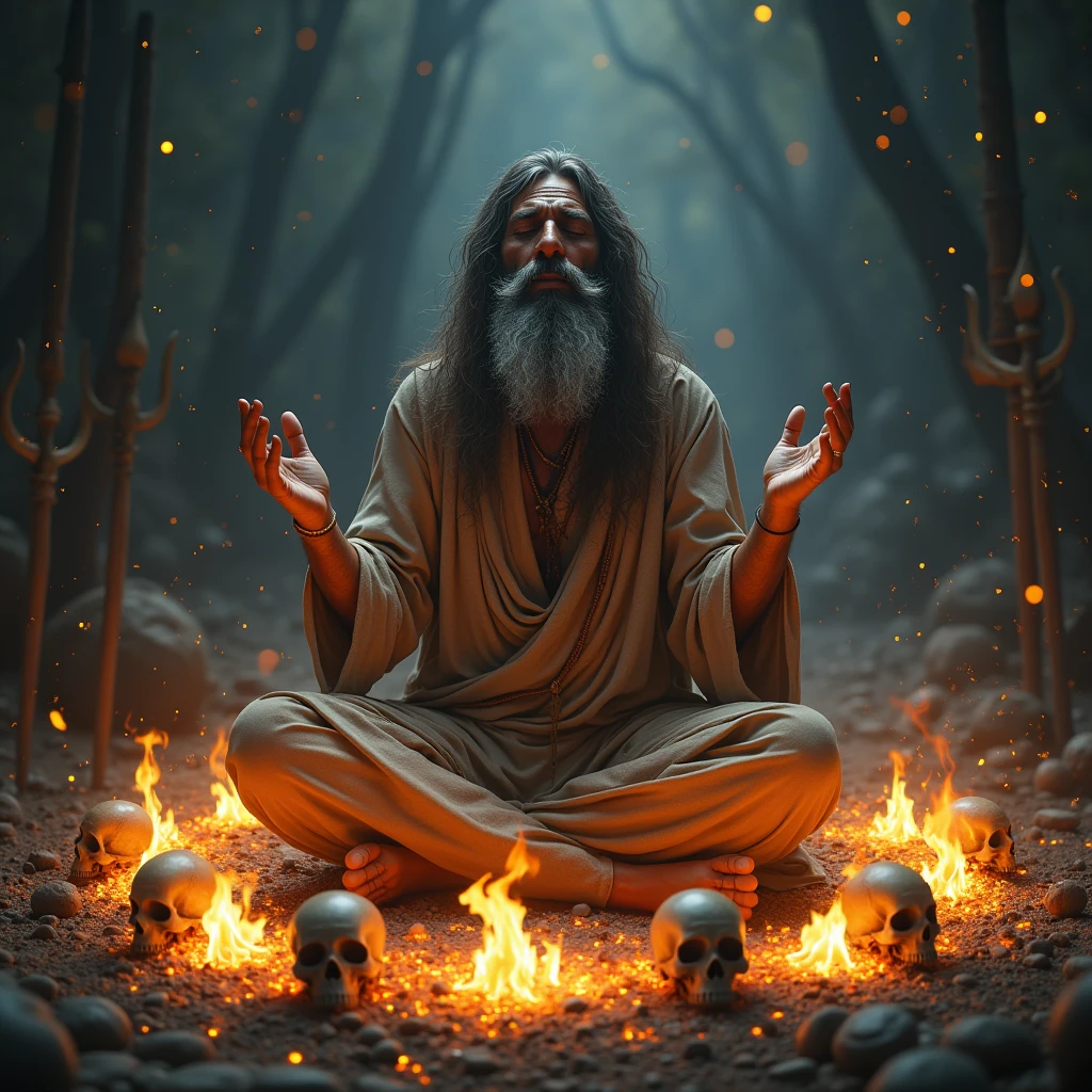 "Aghori sadhu sitting on a cremation pyre, surrounded by skupp and fire, with a horror gaze in the dark of night."