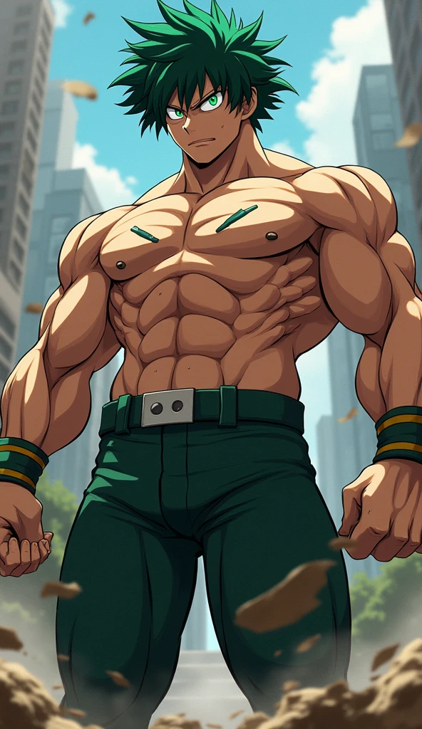 ((Kunst im Anime-Stil)), Extremely muscular male character, blasse Haut, braune Haare, Green eyes, Bodybuilder Body, wearing a sleeveless V-neck shirt, Die Figur lehnt an einer Wand. Taschen, futuristisches Stadtbild, Belebte Strecke, Building, Person WIE & Fahrzeuge. Hauptfigur aus dem Anime, Nettes Bild, Festplatte, 4k, The main character leans against a wall with his hands at face level.