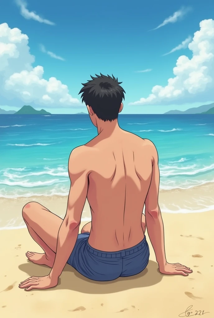 1boy, nipples, pants, short pants, little bulge, beach, summer, ass , blue pants, bulging, hard dick