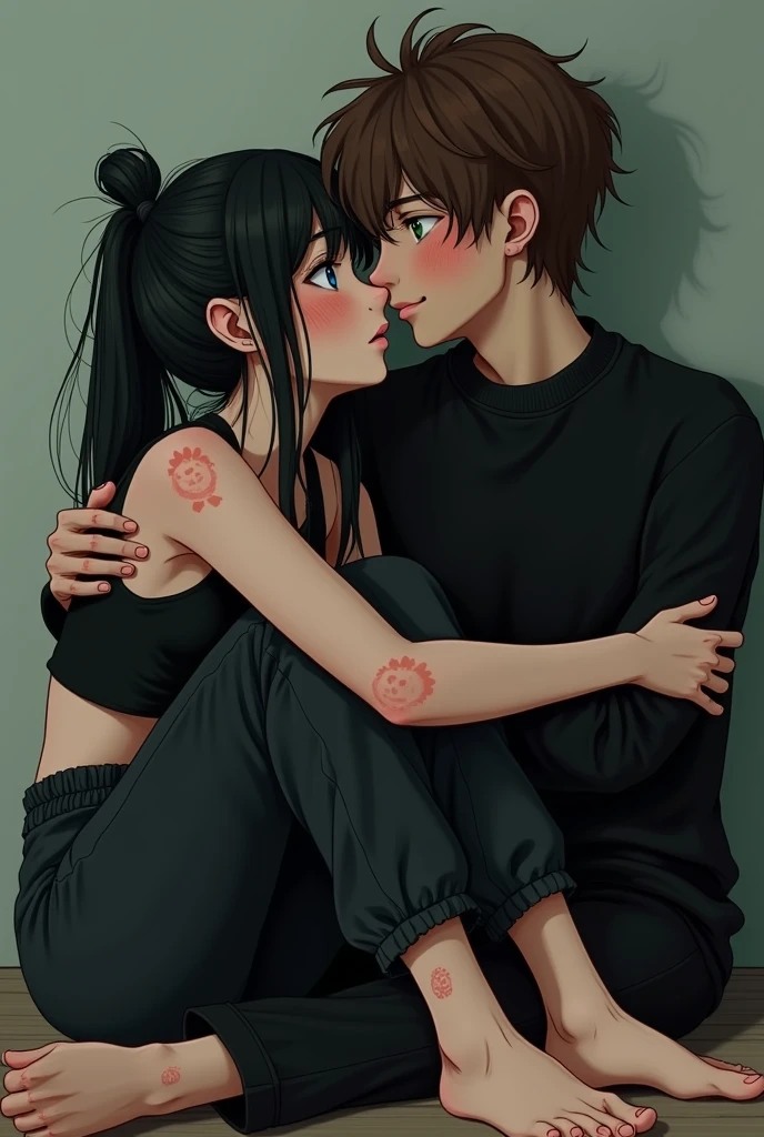 A cute young adult white male asian female couple cuddling up under the covers of a cozy messy bed, with the guy being a tall, skinny, nu metal goth fashion style guy wearing a black tank top with tattoos on his arms and skull pajama pants, Piercings on the ears, Left eyebrow and a vertical labret piercing, Short really gelled up black hair and the girl wearing an oversized band black tshirt and no pants, messy short silken black hair, tattoos on arms, legs and neck and piercings on the ears, nose, bridge and lip