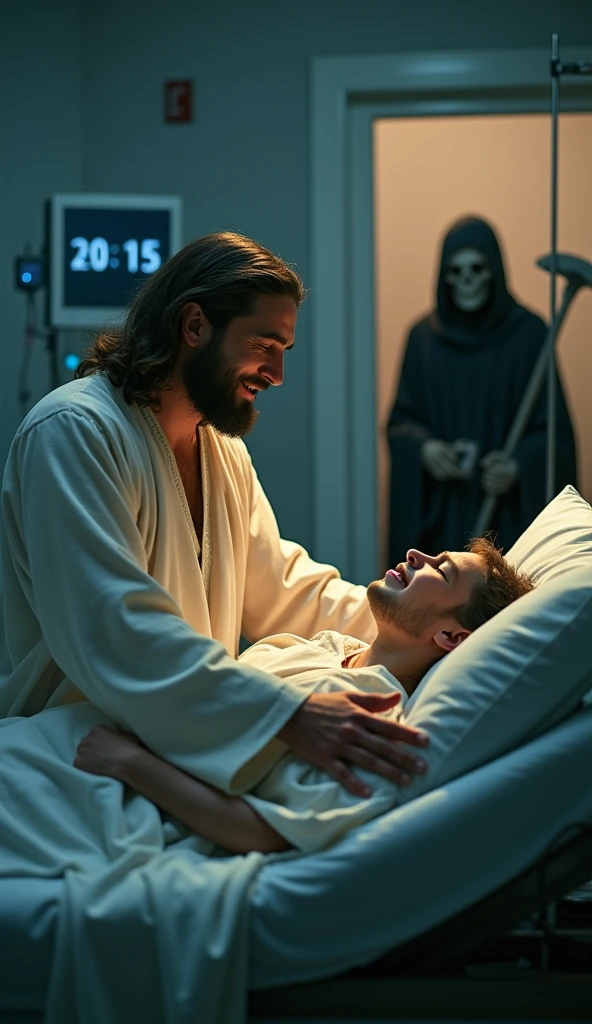I want an image of a sick young man looking at the operating room door, and Jesus hugging him beside him.