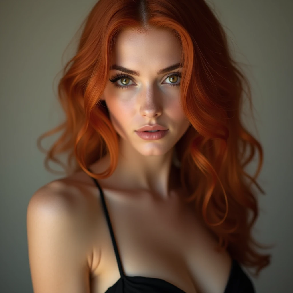 Curvaceous woman. russet hair, black eyes and white skin. new.