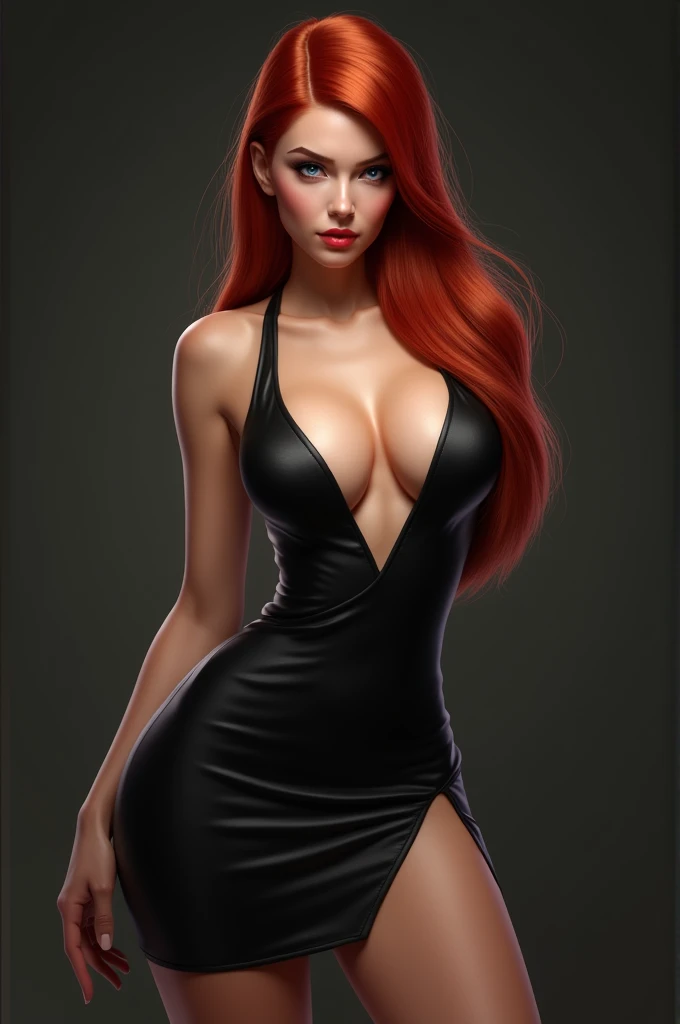 (masterpiece, Best Quality, cinematographic, photorealistic, ultra detailed), 1 girl, thick, (plano general, from the front:1.5), (elegant looking woman in black dress:1.4), (Red hair, long straight hair:1.2), perfect hands, perfect face, (burst breasts, Great cleavage:1.4), round ass, (seductive pose:1.2), (green eyes, soft and shiny eyeshadow, detailed students, Defined tabs), (blush, lips slightly parted, Cherry Lips:1.2), (gradient background:1.2), (propensity:1.3), (armpit shown:1.3)