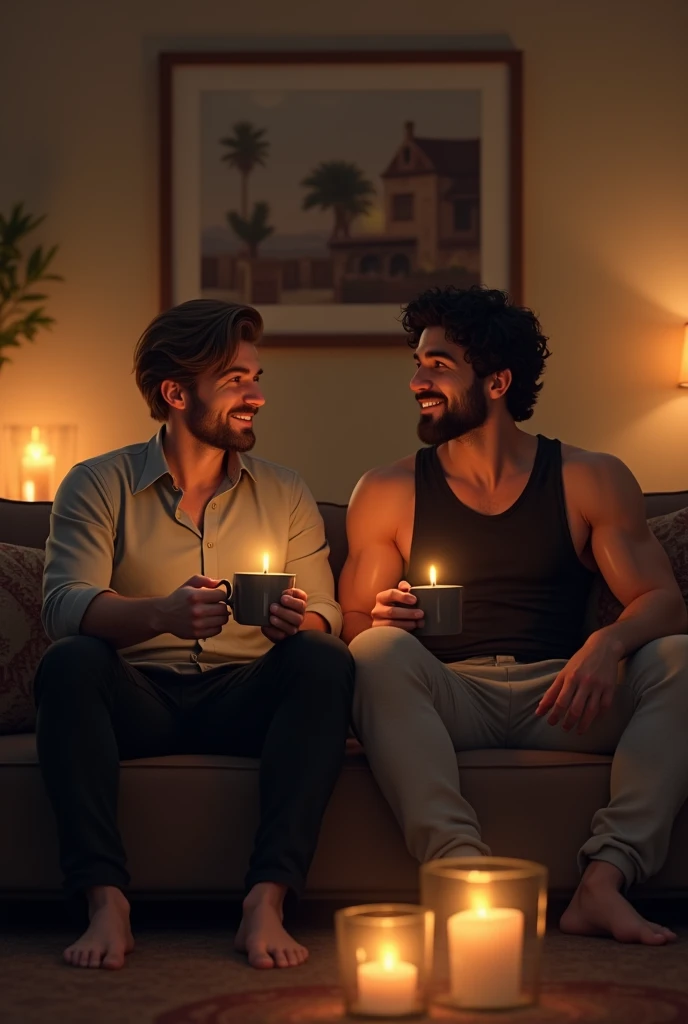 Male, dreadlocks, shirtless, wearing white silk boxers, sitting in bed with a skinny gay Asian male with shoulder-length hair, white T-shirt, drinking coffee with coffee cake, sunny Sunday morning, kitten sitting calmly on top of comforter