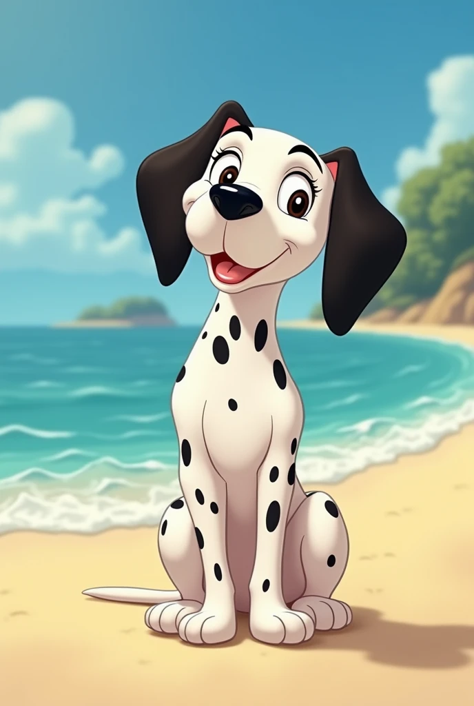 A anthropomorphic Disney inspired white descent Dalmatian wearing black swimming shorts and sitting down with crossed legs and doing a sexy pose in the furry animation style in comic aesthetic