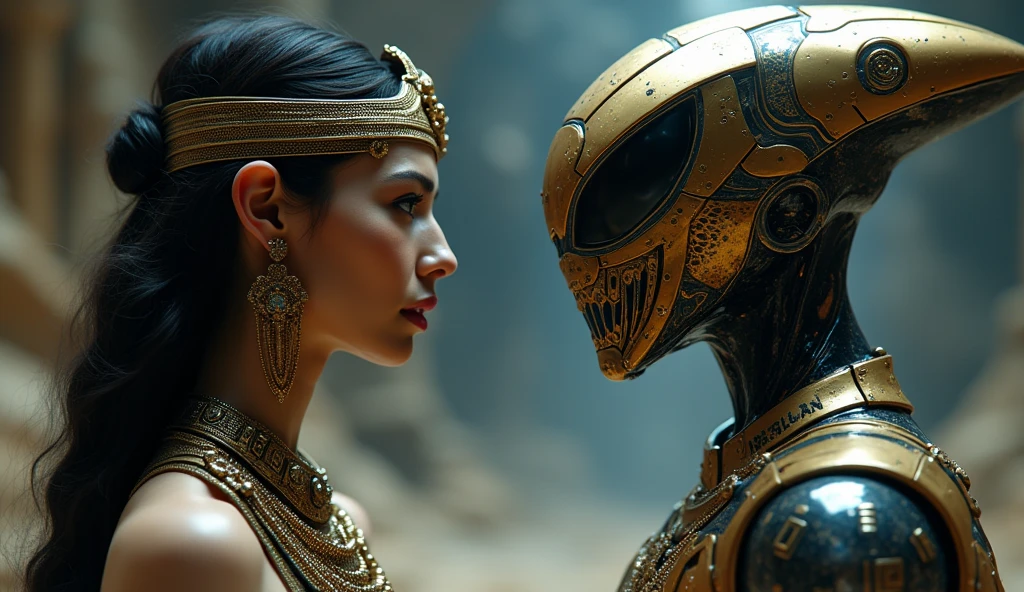 a woman (Hayley Atwell) standing next to a statue of a creature, a surrealist sculpture by Guillermo del Toro, trending on zbrush central, video art, lovecraftian, movie still, reimagined by industrial light and magic