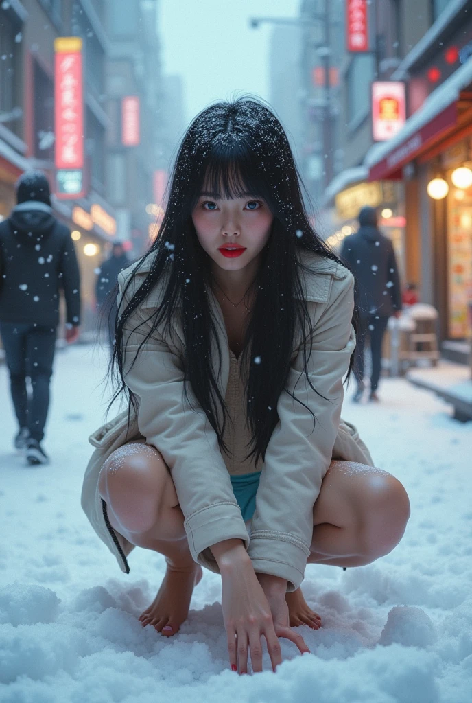 extra thin, slender, tiny, petite,14-year-old Maeli Takei with Great big, giant oversized, humongous, bouncy, voluminous tits, completely naked, extremely deep cleavage, and 8-inch platform boots, standing in the middle of a busy street during a snowstorm - pitch black background, multicolored splatter painting. great big, giant, oversized, bouncy, voluptuous tits