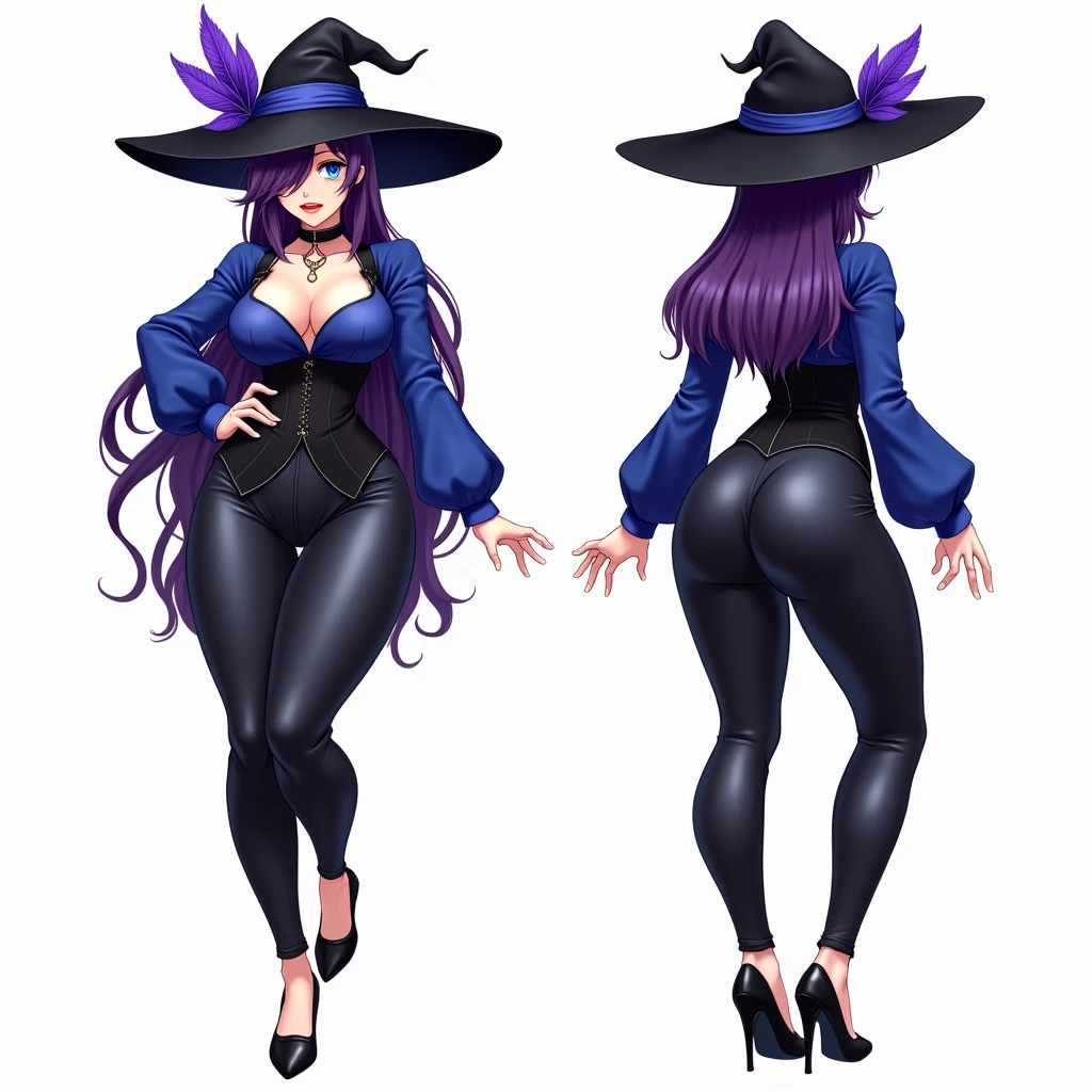 ((masterpiece)),(((best quality))),(character design sheet, same character, same outfit, front view, side view, back view), illustration, 1 girl, alone, beautiful girl, genshin impact style, full body, witch, purple witch costume, big witch hat, golden eyes, long black hair, medium breasts, corset, open legs, thick thighs, black tight thigh stockings, big butt.