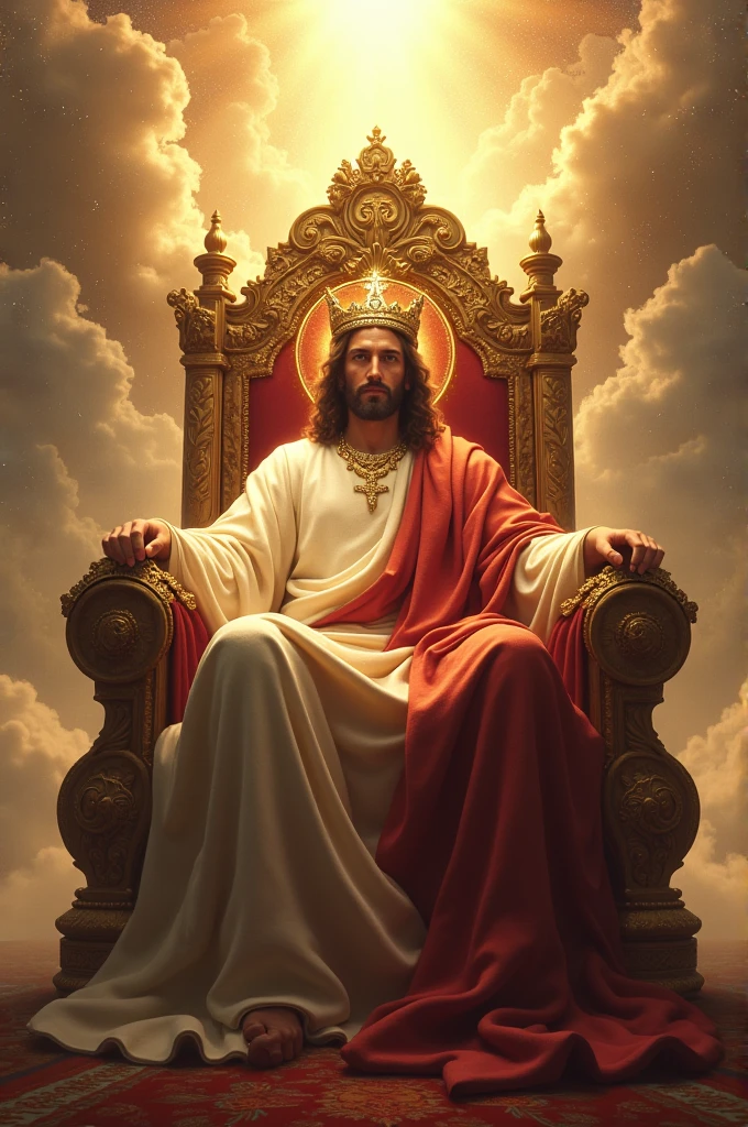 JOYFUL JESUS SEATED ON THE ORNATE THRONE IN THE CLOUDS