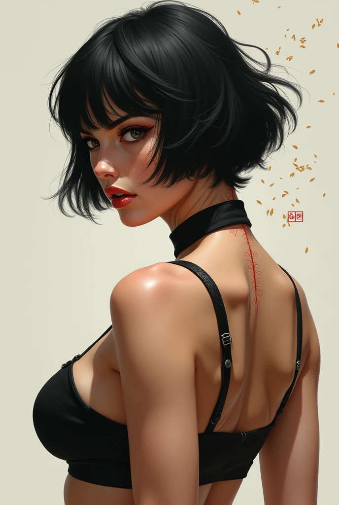 Generate an image featuring a woman with short black hair, adorned with tattoos on her arms, smoking a cigarette with a contemplative expression. Capture the essence of her introspective moment, emphasizing the details of the tattoos and the smoke swirling around her. Utilize chiaroscuro lighting to create a mood that accentuates the thoughtful atmosphere, highlighting the interplay between light and shadow. Craft a visually compelling representation that conveys the complex and reflective nature of the woman in this moment.