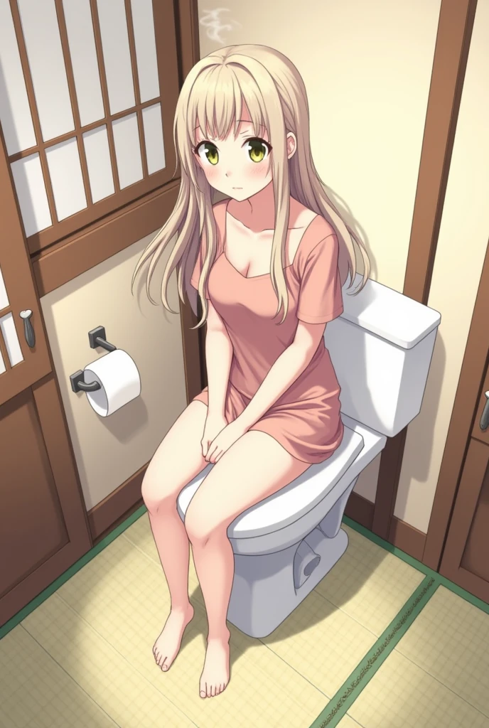masterpiece, best_quality, in a public bathroom, on a toilet, small breasts, blush, covered in sperm、Sweaty、naked、fully naked, sexual excitement、perverted, very lewd, pervert girl, drooling, long blonde hair, green eyes, legs open wide, knees open, legs open all the way, masturbating