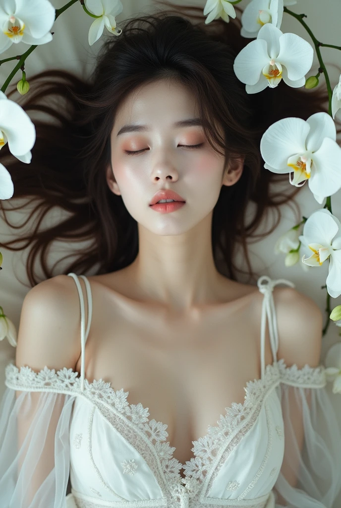 (((Inside the coffin covered with flowers、Wooden coffin、closing eye)))、(realisitic、Photorealsitic、ultra-detailliert、Highest Details Skins、top-quality、​masterpiece、超A high resolution)、Cute Japan Woman、17 age、hi-school girl、younggirl、二重まぶた、drooing eyes、Japanese style face、purity、Realistic skin type、cleavage of the breast、serene expressions、closes mouth、Shooting head-on