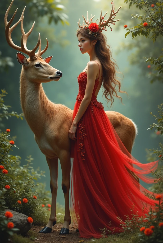 fantasy realistic oil paints and inks beautiful young woman with round face beautiful well shaped eyes in iris and pupil and soft lips long brown windswept hair wearing a red long tank type dress at the top and a loose skirt at the bottom part, the woman is sitting among lots of green grass and forest flowers, a small doe is huddled next to her, the focus is on the eyes of the doe and the woman, in the foreground close up there are beautiful bushes with red wild roses and raspberries that frame the picture, precise details of drawing, high-level illustration, sunlight and vivid colors