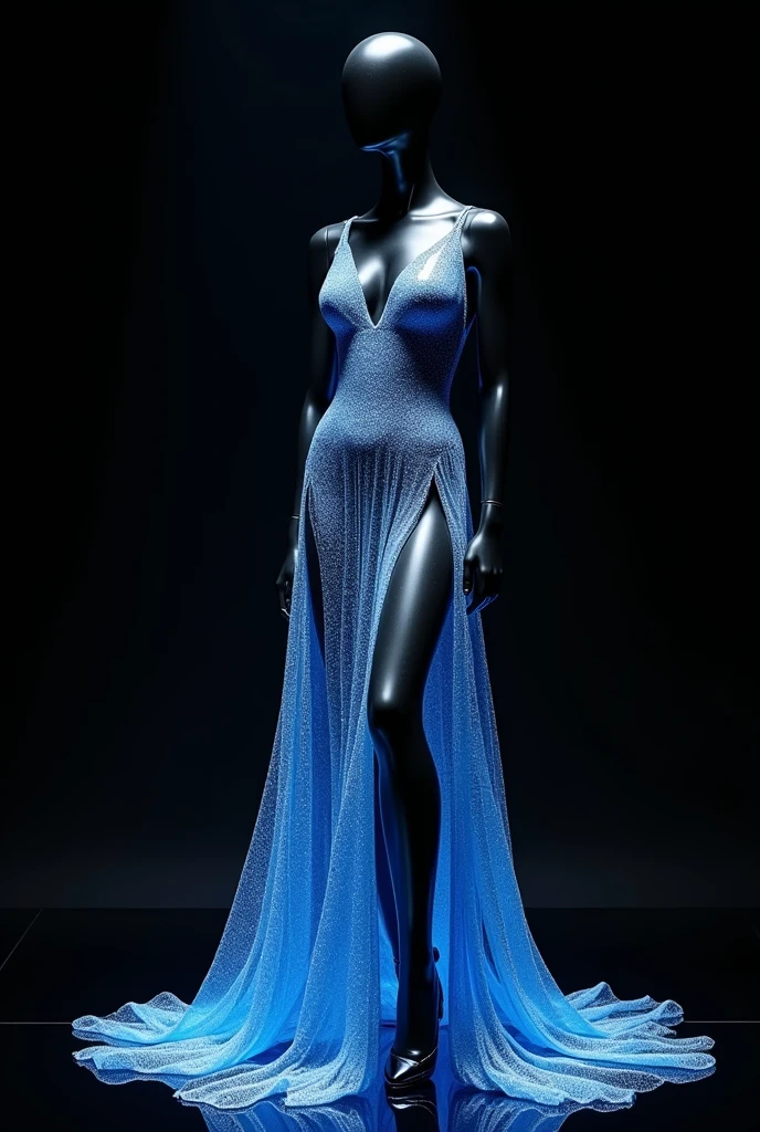 unreal, surreal, fashion show conceptual photograph, knee low angle, centered perspective, clean edge, there is an abstract arrousal sculpture body-shape wrapped by wavy flying infused neon-blue string plastic looks like slightly floating above the red carpet, calm elegance. back lighting, front side view of a gap between vertically simetrical stone, infused by strong lighting on it, highly detailed, masterpiece, sidelighting, smoke in background, clear blue sky, captured by large format camera and sinar lens 