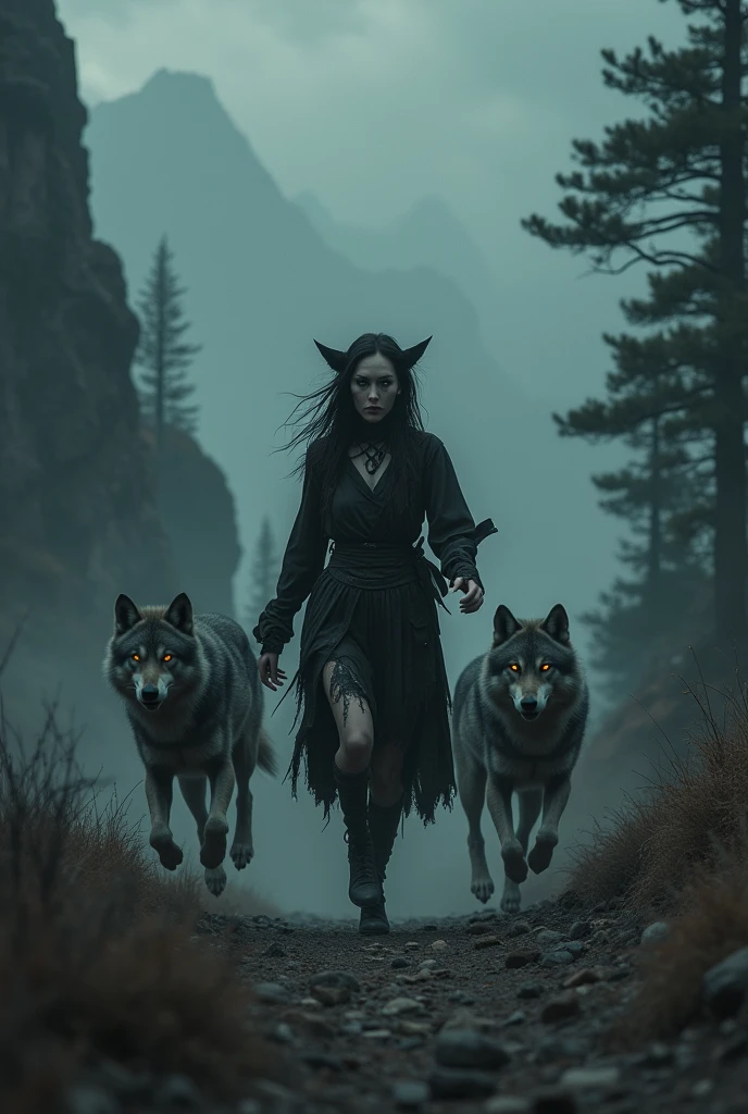 Strange and unusual woman running with wolves dark scenes - SeaArt AI