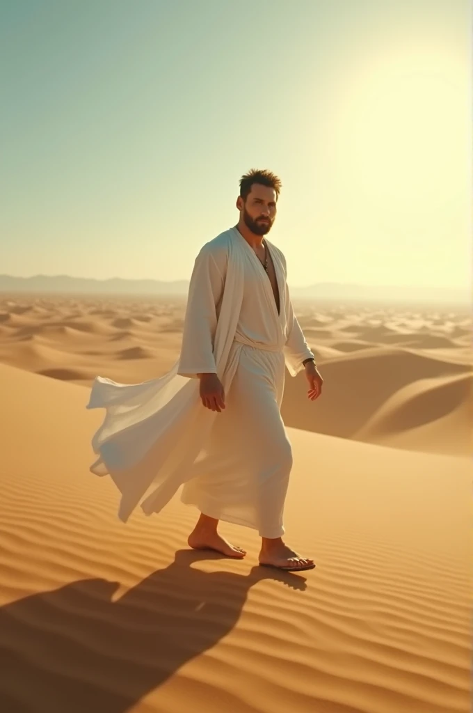 Handsome prince of the desert people, Arab man, in the cape of the desert Arab princes, light Arab pants, dark curly hair, dreadlocks, bright light blue eyes, athletic body, dancing in the desert on the sand, cloudy, rain, wet, drops, wet body, full body, full pose, realistic heavy rain
