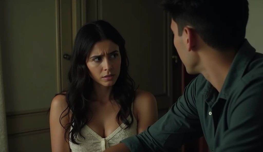 (extra arms:1.4), six arms, identical size arms, black hair, (green eyes:1.5), smiling, 21 years old, colombian, lighter skin, smooth skin, curvy arms, four armpits, second pair of arms attached under first pair, identical faces, RAW photo, there is a woman in a white dress and a man in a black shirt, charmed sexy look, 'friends' episode screenshot, movie screen shot, choreographed fight scene, favorite scene, movie screencap, still image from tv series, home wicca scene, movie screenshot, waving robe movement, in this ominous scene, most memorable scene,, (high detailed skin:1.2), 8k uhd, dslr, soft lighting, high quality, film grain, Fujifilm XT3
