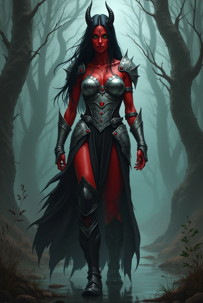 high details, best quality, 16k, RAW, [best detailed], masterpiece, best quality, (extremely detailed), full body, ultra wide shot, photorealistic, dark fantasy art, gothic art, a picture of an epic sized spider a female human spider hybrid, a drider, (full body: 1.5)  human female upper body, lower body of a spider, beautiful female human face, ultra feminine, (red skin: 1.2) , black hair, long hair,  big black eyes, wearing armor, armed with  a long sword, a dark fantasy forest background, High Detail, Ultra High Quality, High Resolution, 16K Resolution, Ultra HD Pictures, Ultra Realistic, Clear Details, Realistic Detail, Ultra High Definition