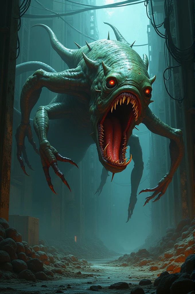 Create a realistic depiction of a monstrous creature with a demonic appearance. This creature should be terrifying and unsettling, with features that evoke a sense of primal fear and horror.
The monster's body is massive and grotesque, covered in rough, scaly skin and patches of sharp, jagged armor. Its form is twisted and unnatural, with a mix of features from various horrifying animals. Its proportions are bizarre and disturbing, designed to evoke a deep sense of unease.
The creature's head is particularly horrifying, featuring multiple asymmetrically placed eyes that glow ominously in the dark. These eyes have a sickly, unnatural glow, adding to the creature's eerie look. Its mouth is filled with sharp, jagged teeth, partially open to reveal thick, viscous saliva that drips menacingly. Additional elements like spines, horns, or bioluminescent patches should emphasize its alien and terrifying nature.
One of the creature's most distinctive features is its numerous long, writhing tentacles or limbs. These appendages are covered in spikes, hooks, or suckers, moving fluidly in a way that is both hypnotic and deeply unsettling. Their movements should appear unnaturally smooth, adding to the creature's otherworldly and disturbing presence. The appendages vary in length and thickness, some extending far into the shadows, suggesting the creature's immense size.
The setting is a dark, ominous cave. The background should include elements like jagged rocks, stalactites, and stalagmites, creating a sense of confinement and isolation. The environment should be damp and oppressive, with the creature's slimy skin reflecting the minimal light available. Shadows should play a significant role, obscuring parts of the creature to enhance its menacing presence.
Lighting should be minimal, using the weak glows from the creature's eyes and bioluminescent parts to create a dramatic and terrifying effect. The overall mood should be overwhelmingly dark and terrifying, capturing the d