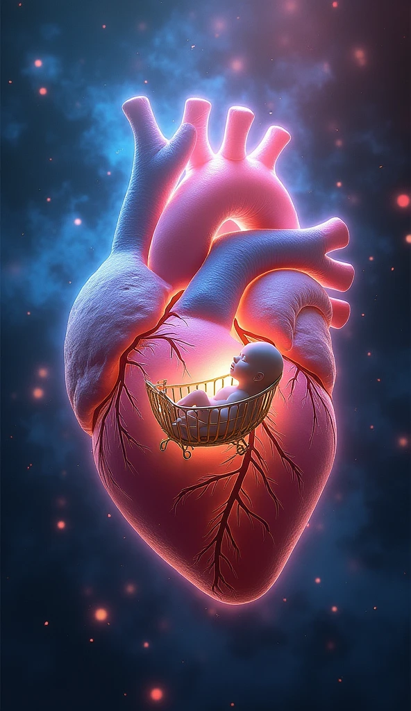 Make a surrealistic drawing of a heart and put a curled up person inside it