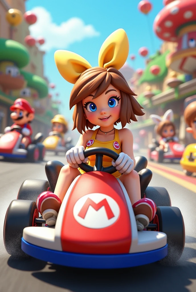 Official Art, unity 8k wallpaper, Very detailed, Beautiful, beautiful, masterpiece, highest quality, (Tangleた, Tangle, Tangle),  1 girl, Black-haired,ponytail、 Girl wearing headphones、Ride a go-kart、driving席、((((Mario Kart、))))smile、The fugitive Japanese, Exposing shoulders, Short skirt, Calf、Knee-high socks, Very detailed, dynamic,、driving、Bakusou、ハンドルを掴んでdriving、Camel Toe、Giant tit、Nipple Puffs、Cleavage、Plump、Super big breasts、Super big butt