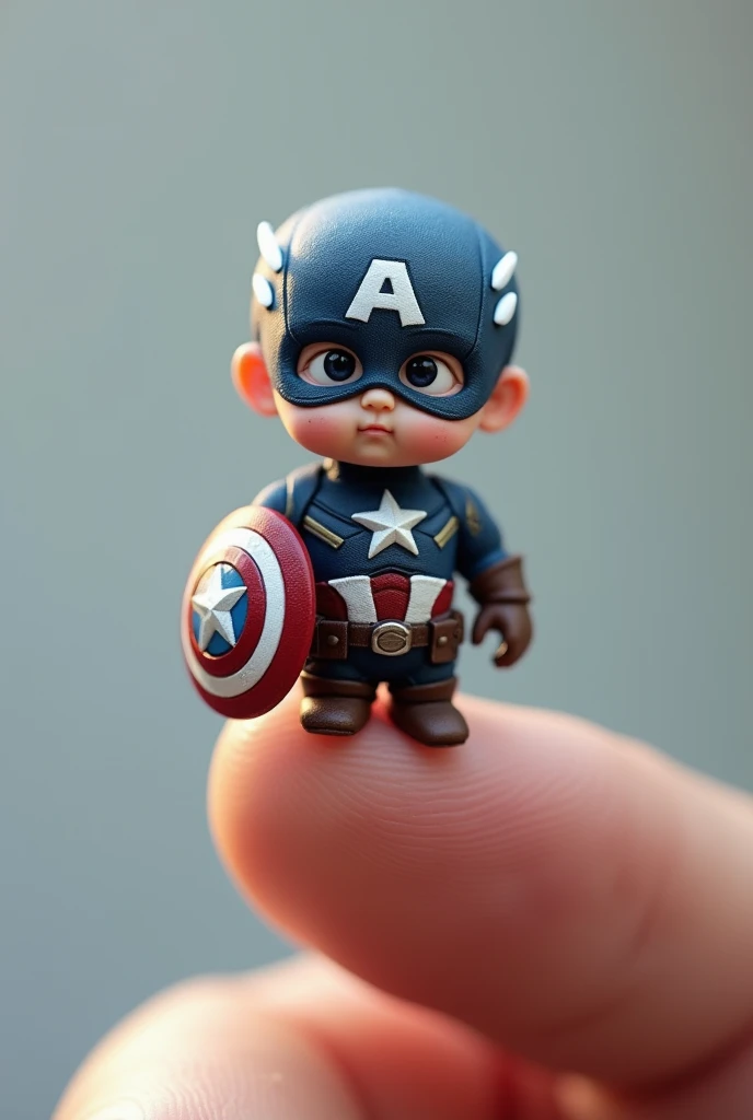 photorrealistic, 8k, Micro Tiny baby [capitão america] perched on a human finger