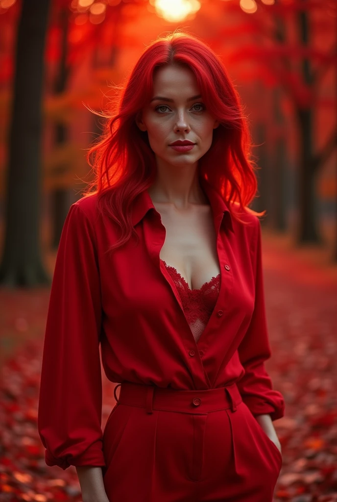a gorgeous orange-haired woman (Cristy Ren) as a naughty teacher, bordeaux red unbuttoned leather blouse, leather pencil skirt with high laced split, ((surrounded by beautiful flowers)) (in sunset light:1.2), backlit, belt, backlit, perfect make-up, cinematic, realistic, tight hairstyle, high contrast, visually rich, brown eyes, strong eyeliner, elegant, graceful, natural beauty, charismatic, versatile, photogenic, very detailed