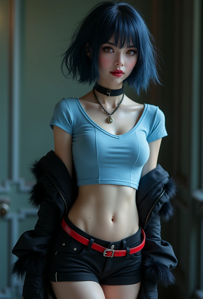 Create an image, a pale-skinned goth girl, ocean blue short hair, left eyebrow piercing, blue colored eyes, purple t-shirt with a zebra-colored blouse underneath, short black denim shorts, wearing flip flops, with a big chest and a slim waist.