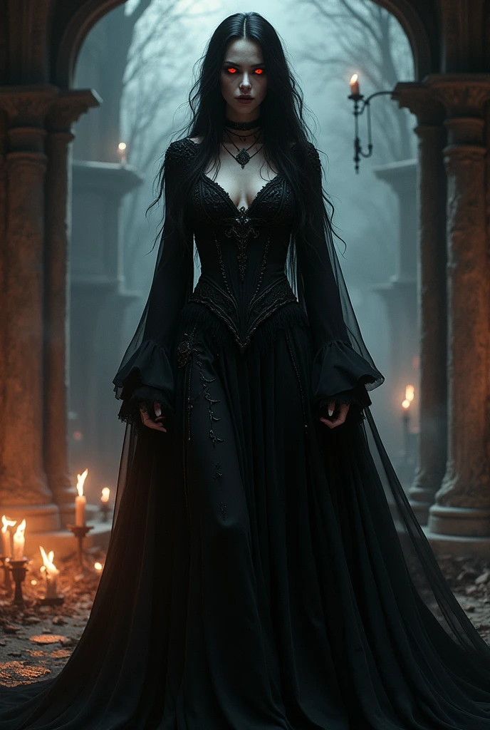 Lilith near an altar with books and magic symbols , witchcraft , Dark image